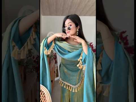 Green Mirror Work Suit – Cold Shoulder Bell Sleeves, Palazzo & Dupatta