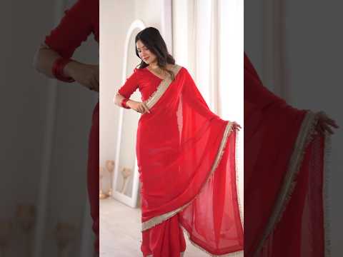 Red Satin Silk Saree – Fendi Fabric, Fancy Gold Lace Border, Festive Wedding Wear