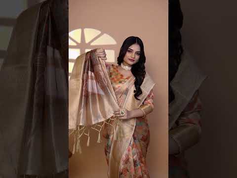 Beige Zari Weaving Saree – Crystal Fabric, Autumn Leaf Print