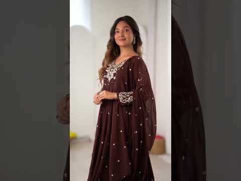 Brown Embroidered Suit – Anarkali with Pant & Dupatta