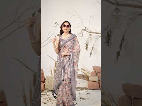 Dusty Mauve Digital Floral Print Saree – Linen Cotton, Tribal Print Pallu, Festive Wear