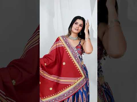 Navy Blue Ajrakh Print Lehenga – Mirror Work, Crepe Fabric, 4M Flair