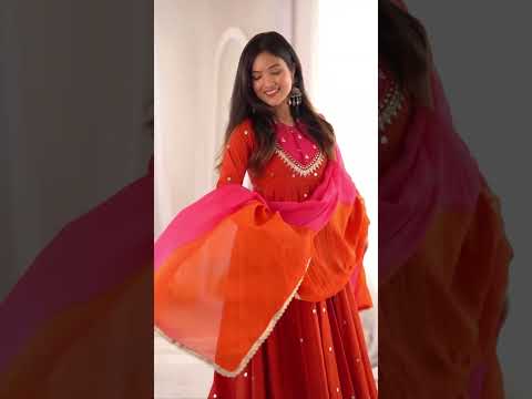 Orange Sequins Embroidered Anarkali Suit – Pant Set with Dupatta
