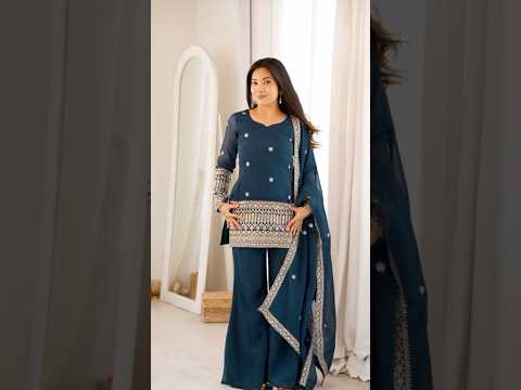 Teal Blue Sequins Embroidered Suit – Bell Bottom Set with Dupatta