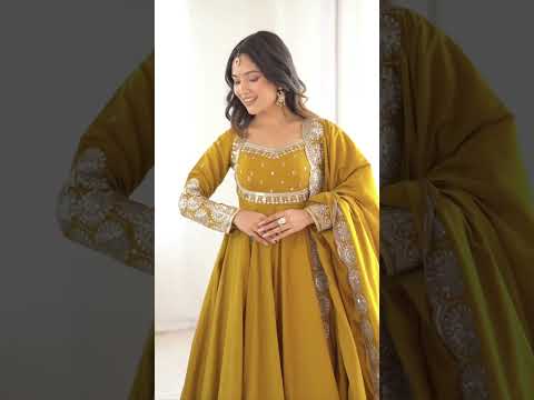 Yellow Sequins Embroidered Suit – Roman Silk Blend, U-Neck, Full Sleeves