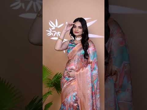 Orange Zari Weaving Saree – Premium Crystal with Multicolor Print