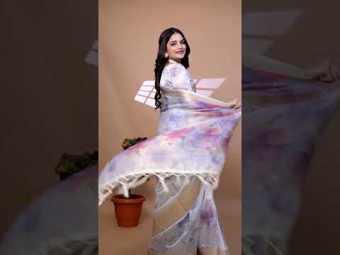 Off White Zari Weaving Saree – Premium Crystal, Floral Print