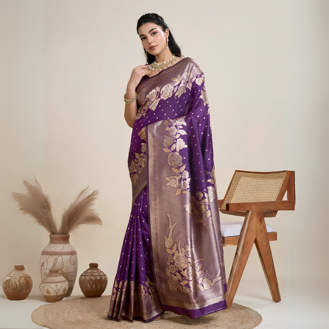 A woman models a luxurious Deep Purple Soft Kanjivaram Silk Saree. The saree features striking large floral and scattered motifs woven in metallic gold Zari on the body and wide pallu. She wears a matching purple sleeveless blouse and accessorizes with a heavy gold Kundan choker necklace and earrings.