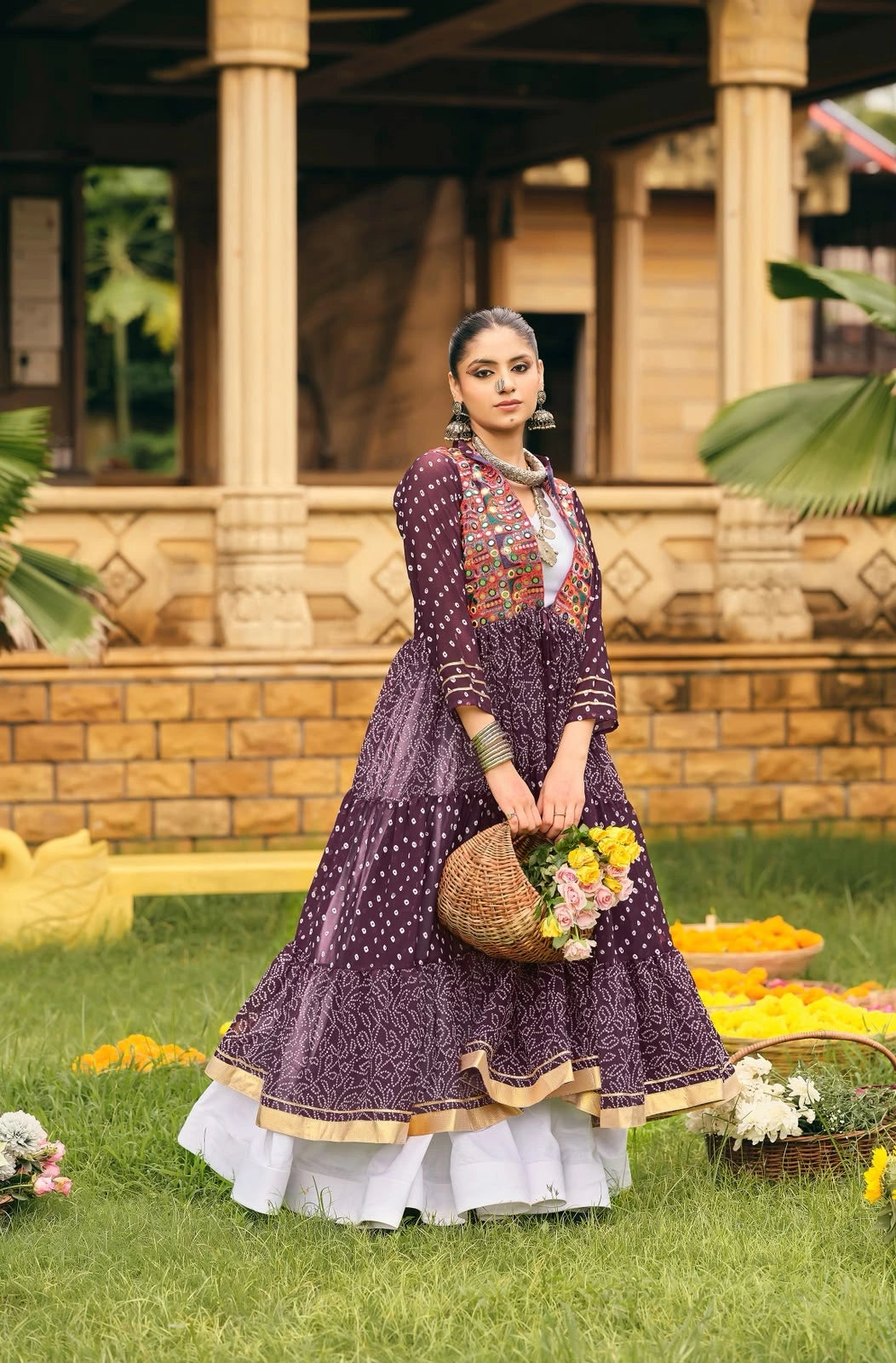 Purple Bandhani Print Lehenga front view gamthi kedia – KL180 Kalyanja