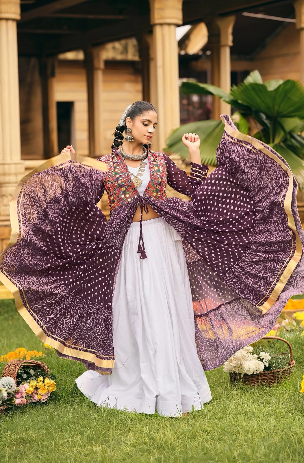 Purple Bandhani Lehenga full length with white inner palazzo – KL180 Kalyanja
