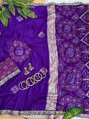 Purple viscose georgette saree with elephant bandhani motifs and lace border – Kalyanja KS408