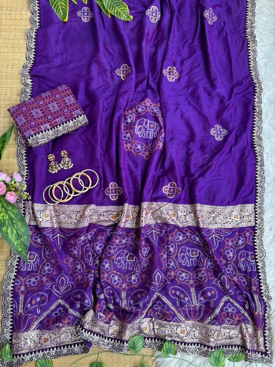 Purple soft viscose georgette saree laid flat with printed pallu – Kalyanja KS408