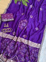 Purple bandhani print saree folded with lace blouse piece and bangles – Kalyanja KS408