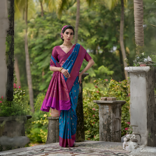A woman models a vibrant Rama Blue Banarasi Silk Saree with scattered gold Zari motifs. The wide pallu and border contrast dramatically in Dark Pink/Magenta with dense traditional gold weaving. She wears a magenta blouse and heavy gold Kundan jewelry, posing on an ornate stone terrace.