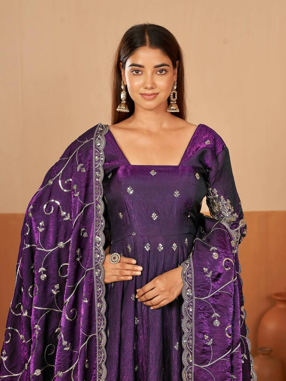 Purple Embroidered Codding Suit Anarkali model front view full length KU267