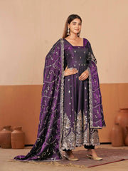 Purple Anarkali Suit back view open dori tie-up neckline KU267