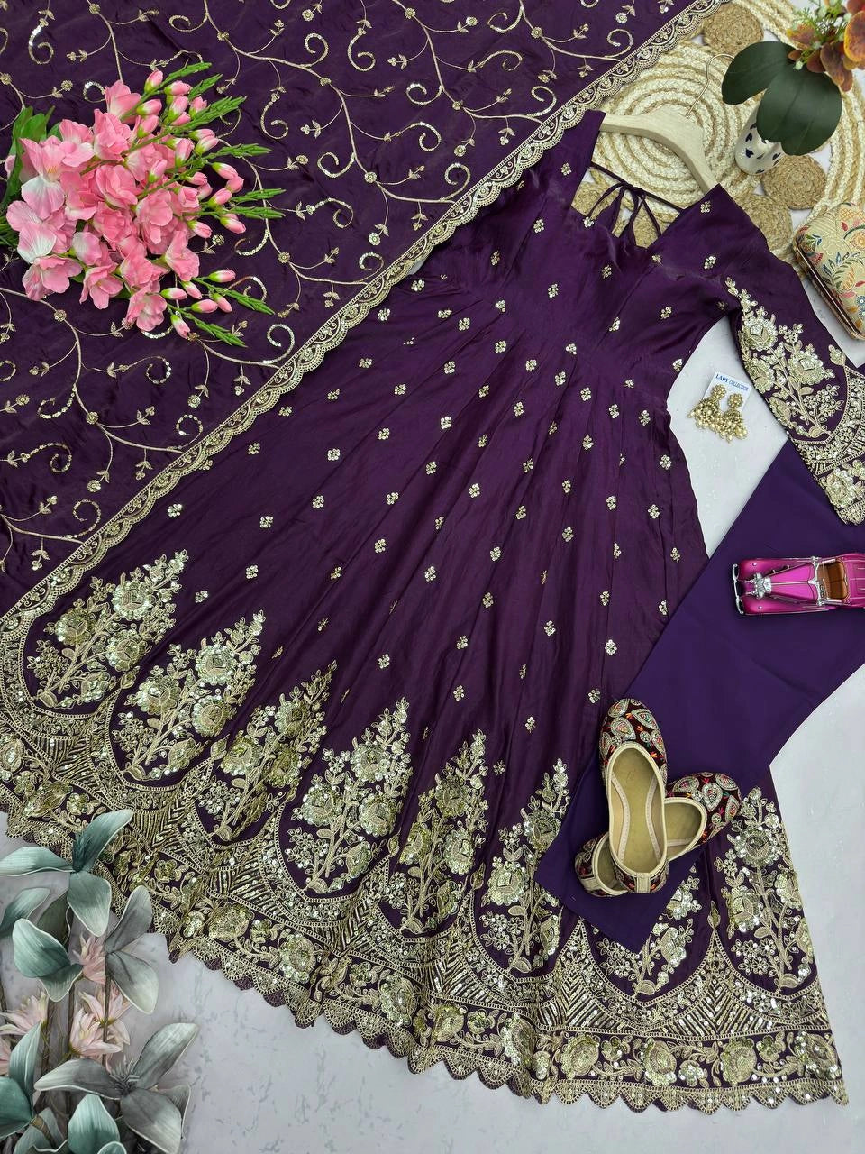 Purple Embroidered Codding Suit flatlay complete set overhead KU267