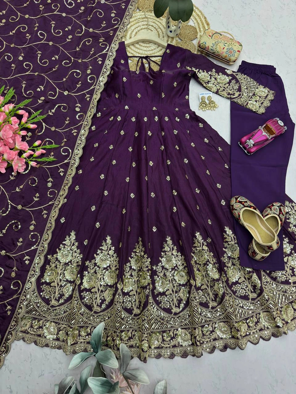 Purple Silk Blend Suit dupatta sequins embroidery flatlay detail KU267