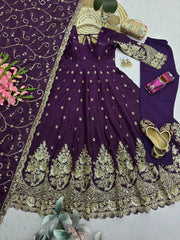 Purple Silk Blend Suit dupatta sequins embroidery flatlay detail KU267