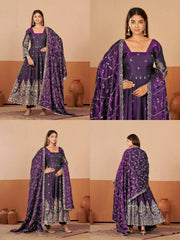 Purple Embroidered Suit complete three piece set flatlay KU267
