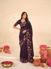 Purple Floral Embroidered Saree – Scallop Border Silk