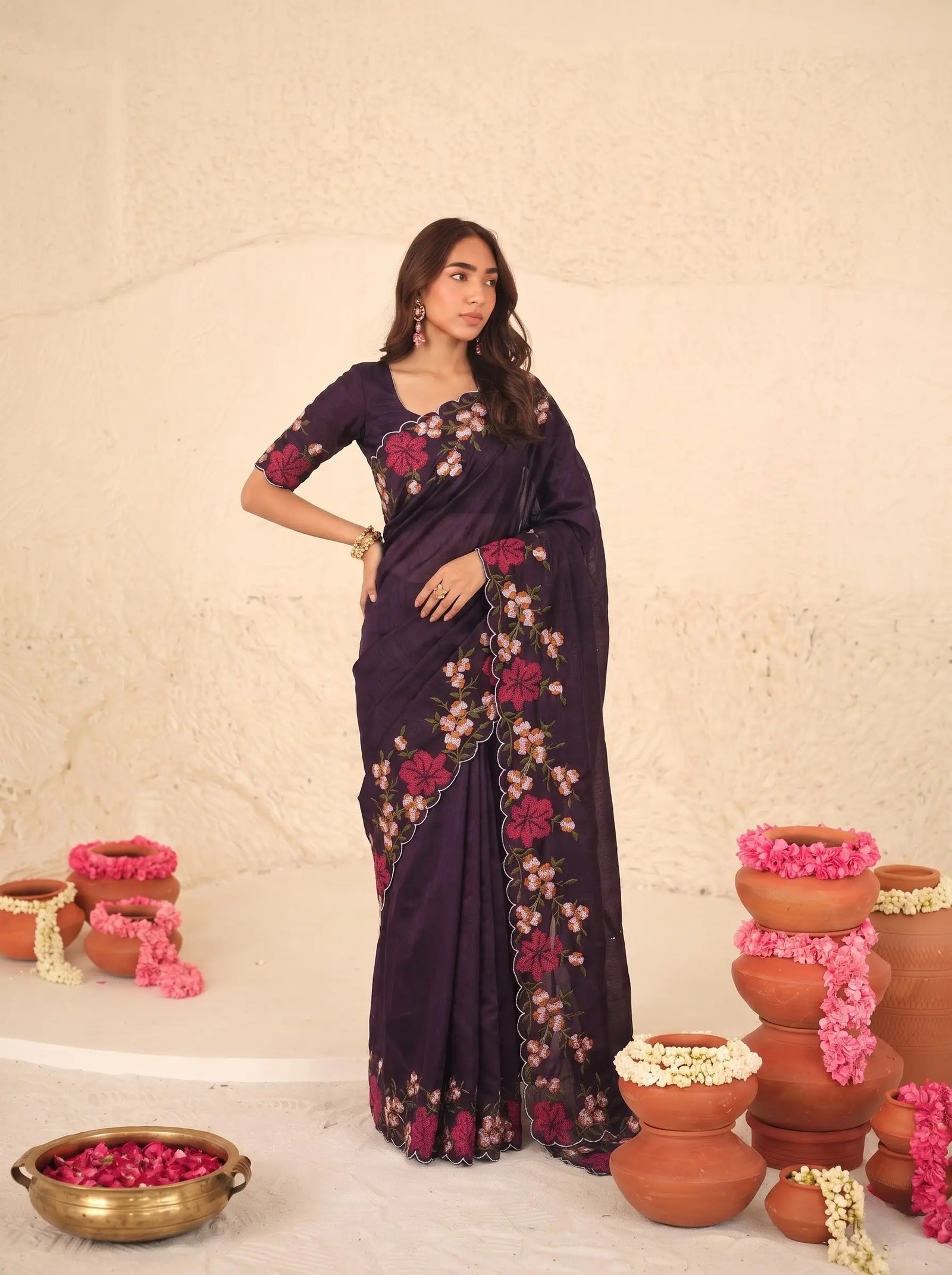 Purple Floral Embroidered Silk Saree with Scallop Border - Front Drape - Kalyanja KS163
