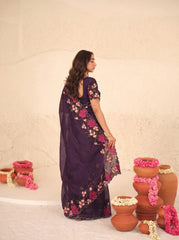 Purple Floral Embroidered Silk Saree - Back Drape View - Kalyanja KS163