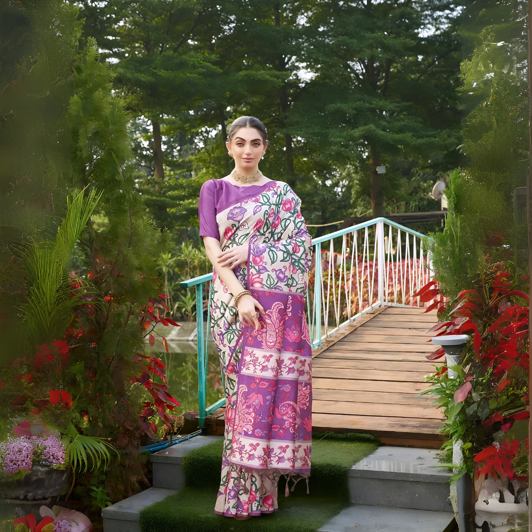 A woman models an elegant Beige Soft Tussar Silk Saree with a dense all-over print of purple, pink, and green floral and vine motifs. The pallu features a wide, contrasting deep purple panel with traditional weaving/print. She wears a matching short-sleeve purple blouse and a gold Kundan choker necklace, posing outdoors on a wooden footbridge.
