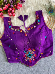 Purple Multi Thread Mirror Work Blouse – front flat lay showing sweetheart neckline with cowrie shells and mirror embellishments