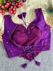 Purple Multi Thread Mirror Work Blouse – second angle showing scattered thread motifs and coin danglers at hem