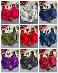 KB38 Multi Thread Mirror Work Blouse – all 10 colors flat lay including purple, black, red, olive green and more