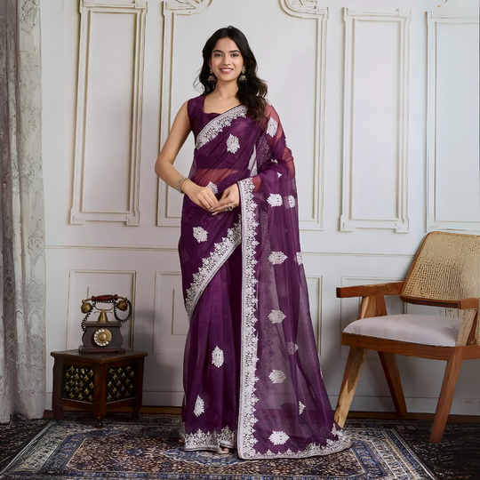 Deep Purple C-Pallu Embroidery with Sequins Work Twill Net Saree