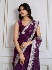 Deep Purple C-Pallu Embroidery with Sequins Work Twill Net Saree