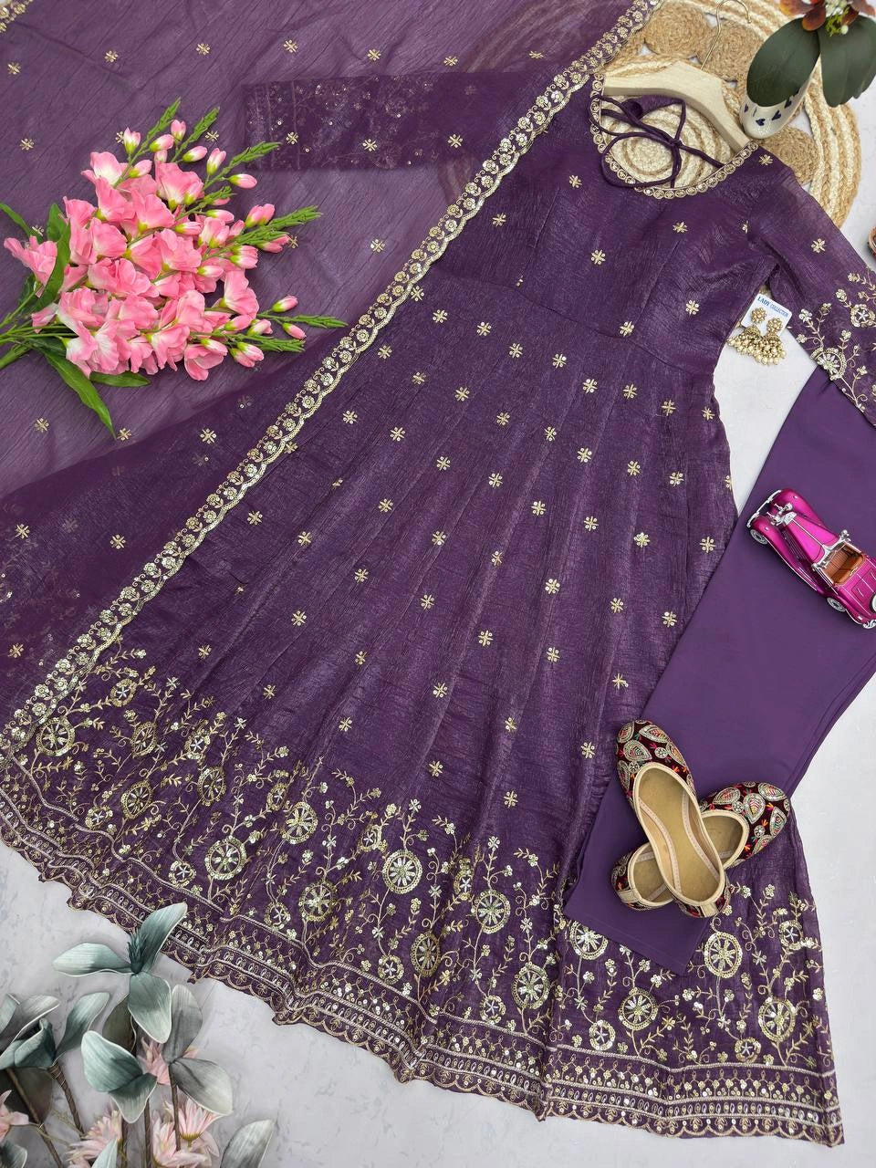 Purple Sequins Embroidered Suit Front View – Crunchy Silk Blend | Kalyanja KU309