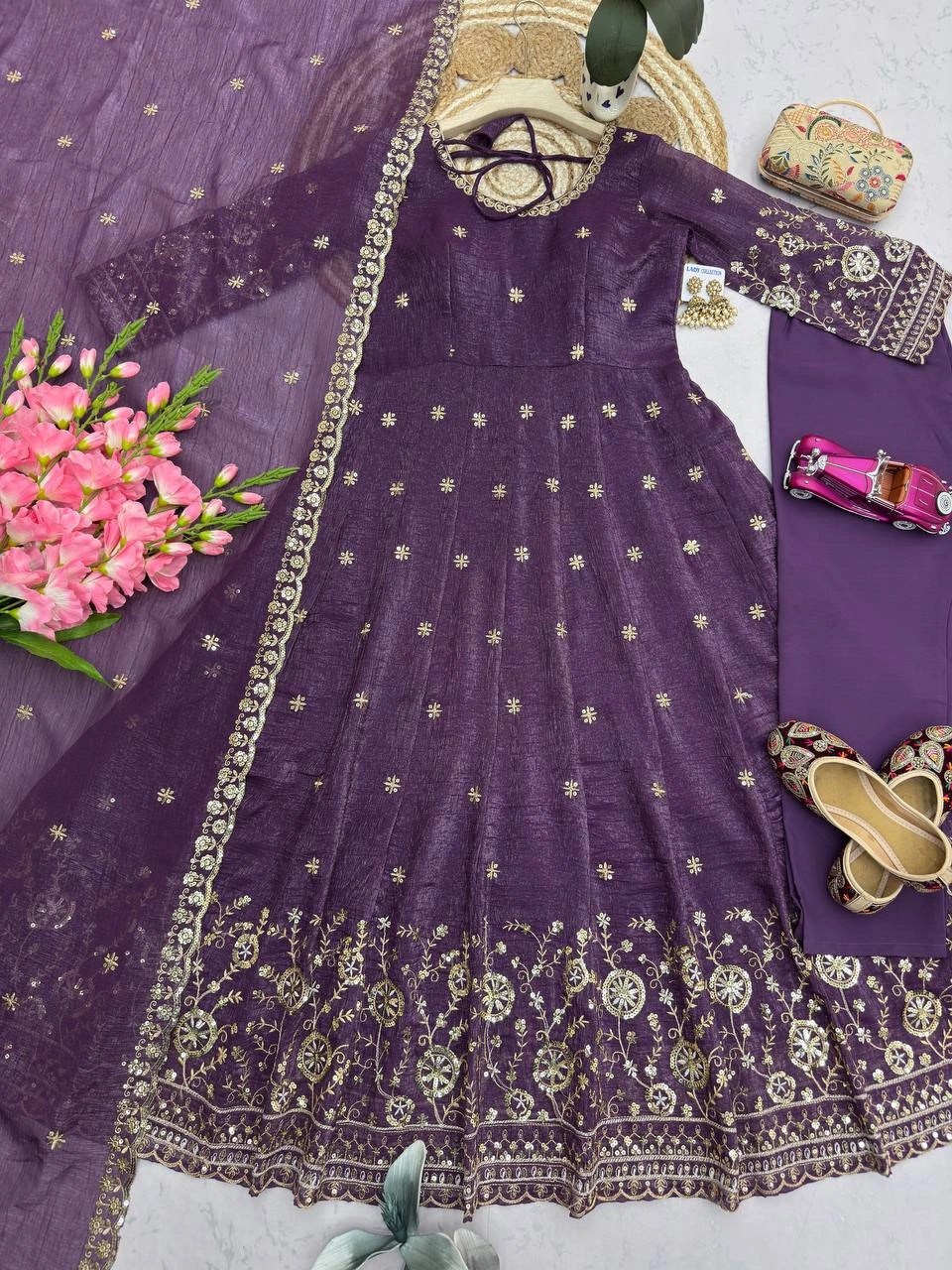 Purple Sequins Embroidered Suit 3/4 Angle View