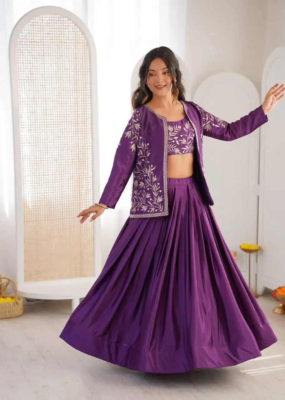 Purple Sequins Embroidered Lehenga with Jacket front flair dance pose – Kalyanja KL169