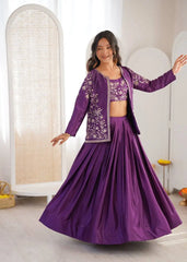 Purple Sequins Embroidered Lehenga with Jacket front flair dance pose – Kalyanja KL169