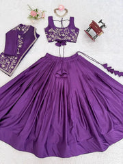 Purple Lehenga 3-piece set flat lay all pieces jacket choli skirt – Kalyanja KL169