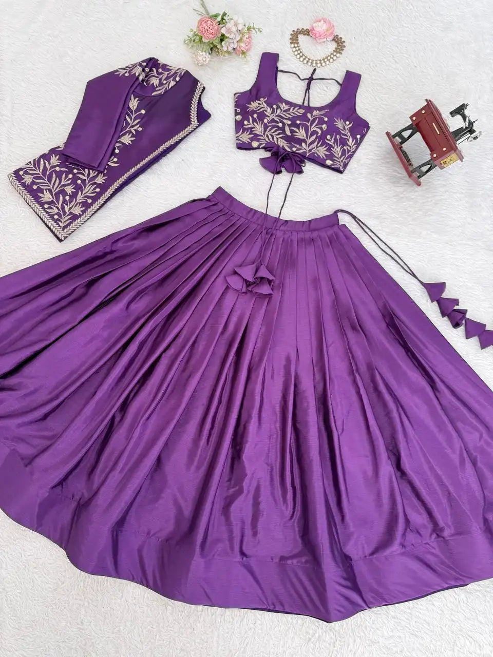 Purple Sequins Embroidered Lehenga flat lay 3 pieces jacket choli skirt – Kalyanja KL169