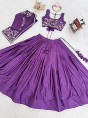 Purple Sequins Embroidered Lehenga flat lay 3 pieces jacket choli skirt – Kalyanja KL169