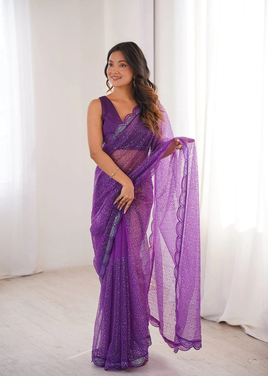Purple Sequins Embroidered with Thread Work Saree Kalyanja KS386 – Front View