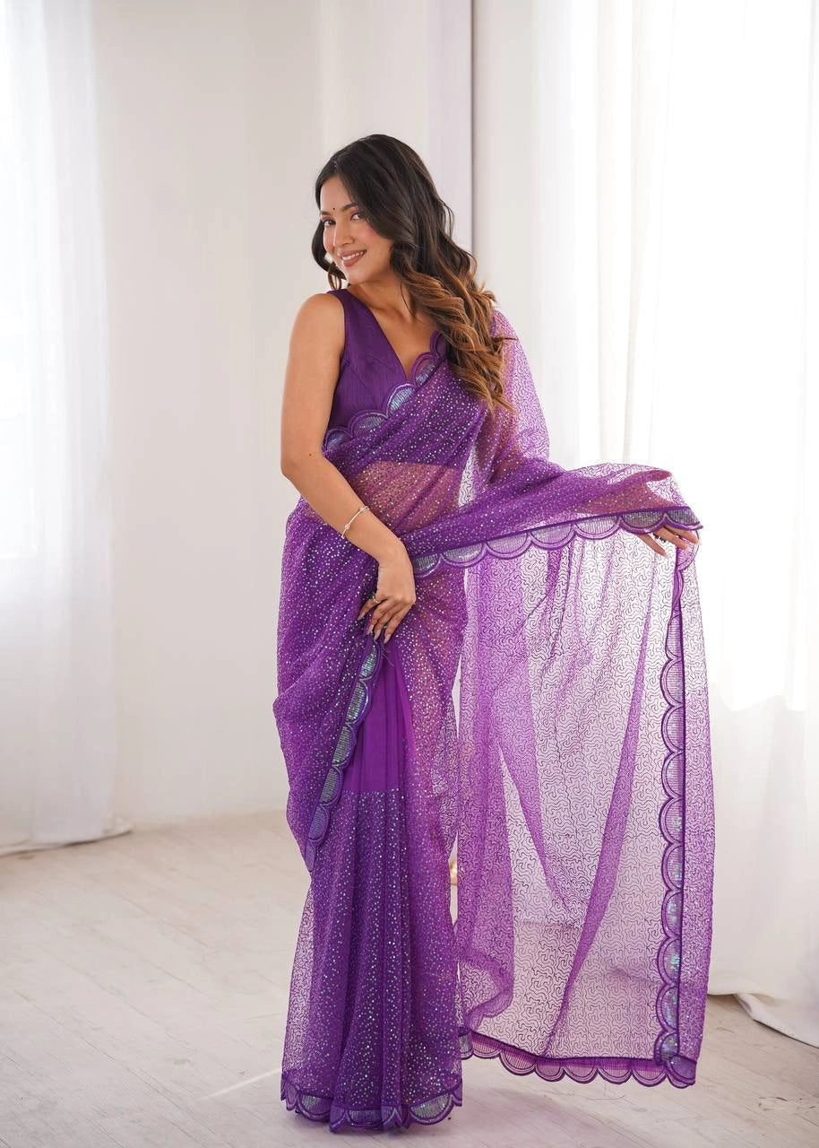 Purple Sequins Embroidered Saree with Thread Work – Full Drape with Pallu