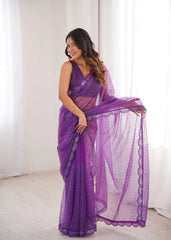 Purple Sequins Embroidered Saree with Thread Work – Full Drape with Pallu