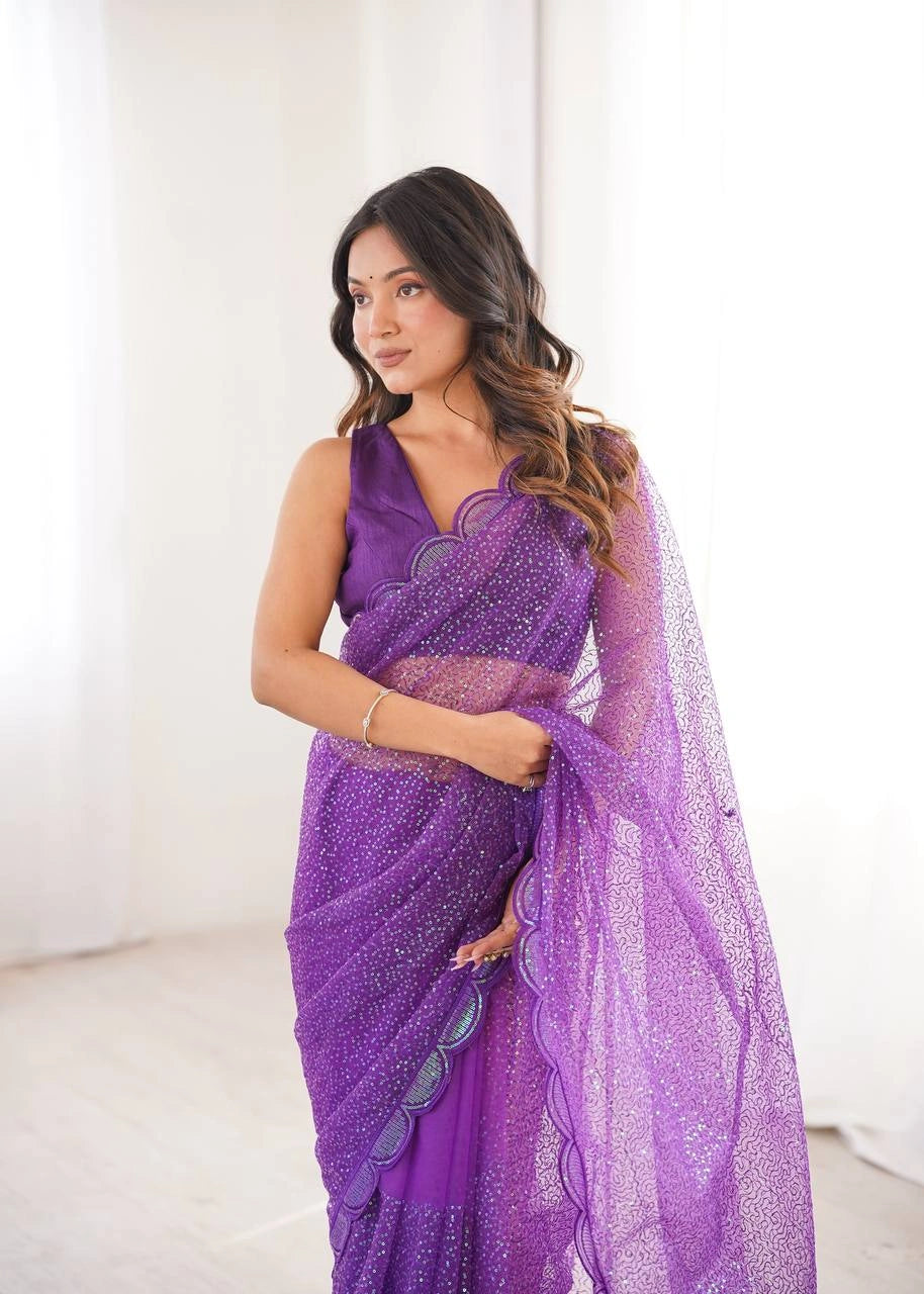 Purple Net Sequins Embroidered Saree – Portrait Front View