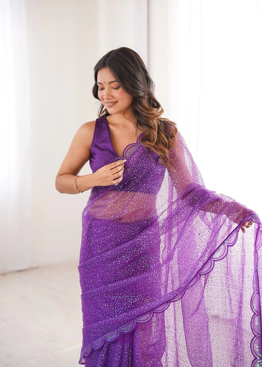 Purple Sequins Thread Work Saree – Embroidery Detail Close-Up
