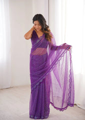 Purple Sequins Embroidered with Thread Work Saree – Pallu Spread