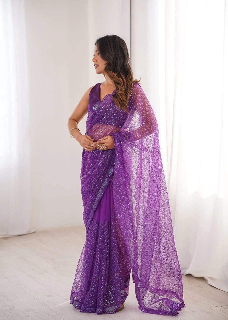 Purple Sequins Saree Thread Work – Side Back View