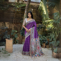 Purple Tussar Silk Saree with Madhubani Print