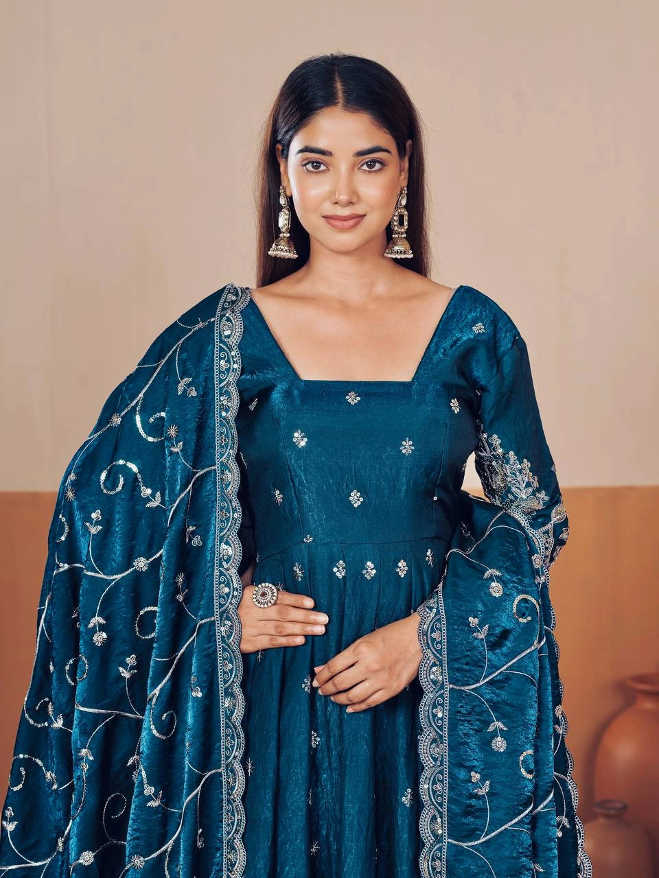 Rama Blue Anarkali Silk Blend Suit model three quarter view with dupatta KU267