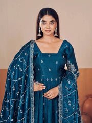 Rama Blue Anarkali Silk Blend Suit model three quarter view with dupatta KU267